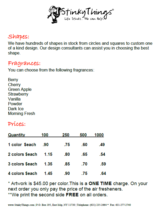 Stinky Things Air Freshener Order Form